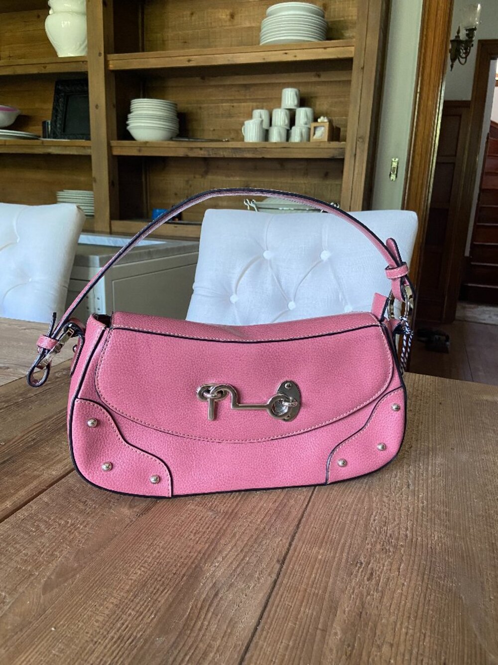 pink shoulder handbag purse, butterfly brand handbag, pink faux leather purse